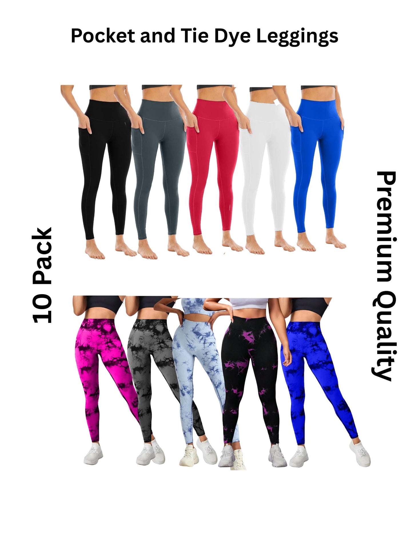10 Pack Women's High Waisted Tie Dye and Pocket Leggings, Ideal for Sports and Casual Clothing