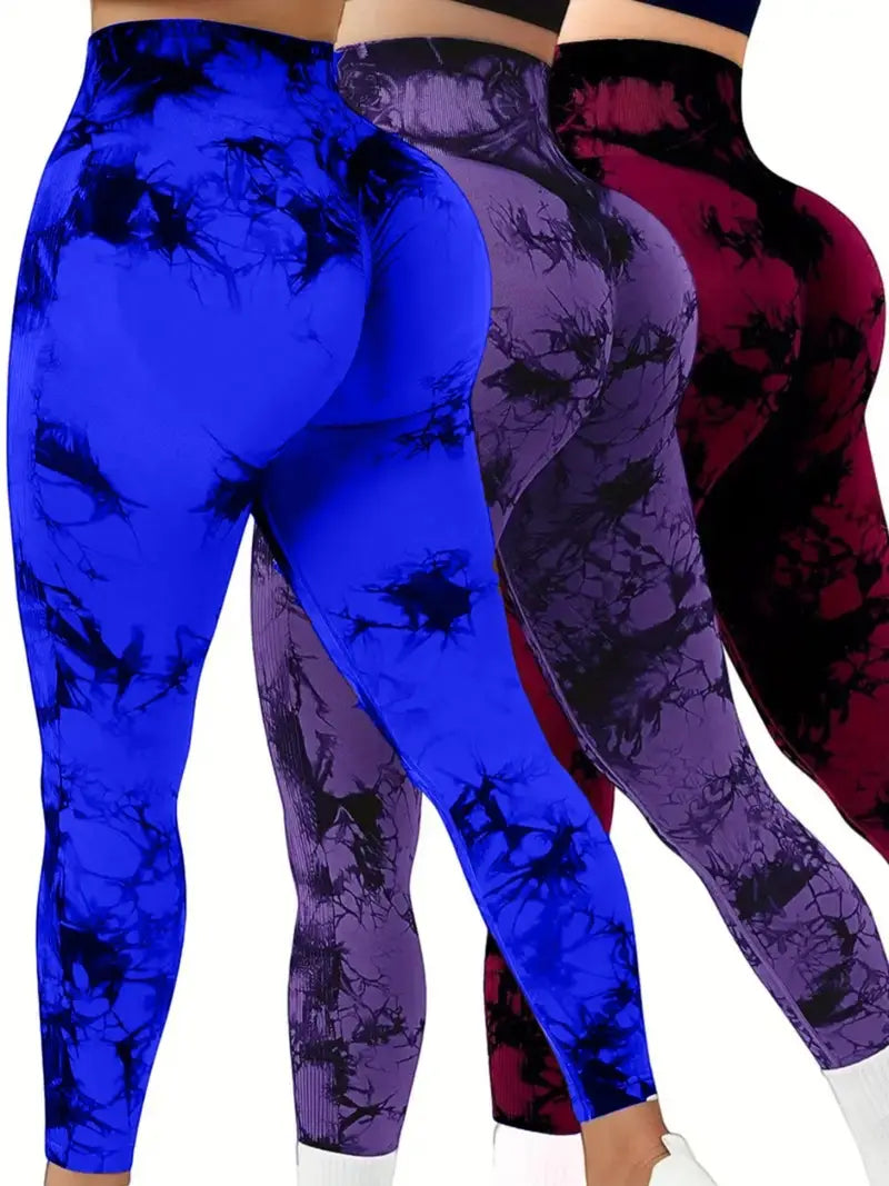 3 PACK Women's High Waist Tummy Control Leggings Tie-Dye Yoga Pants, Seamless Sport Leggings, Butt Lifting Workout Tights for Gym and Daily Wear-SNO-42