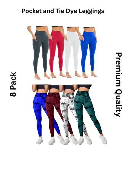 8 Pack Women's High Waisted Tie Dye and Pocket Leggings, Ideal for Sports and Casual Clothing