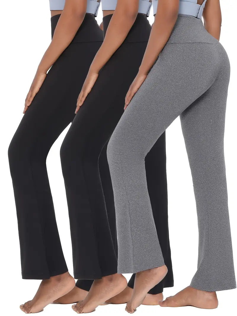 3 Pack Women's Super Soft High Waisted Flare Pants For Women, Tummy Control No See Through Workout Yoga Running Bell Bottoms-SNO-23