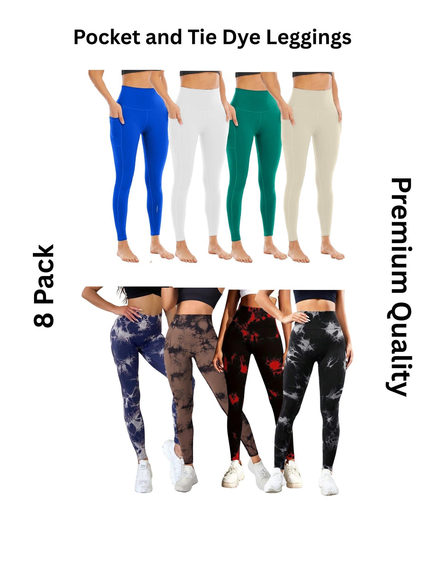 8 Pack Women's High Waisted Tie Dye and Pocket Leggings, Ideal for Sports and Casual Clothing