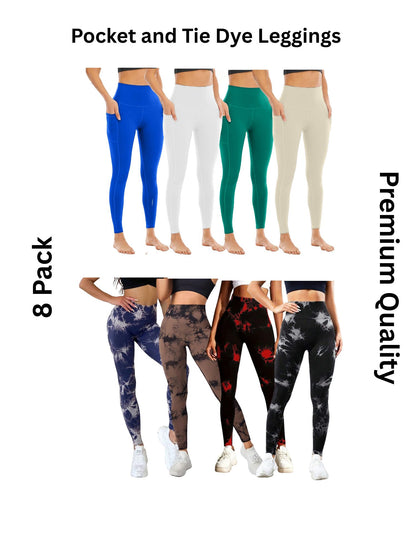 8 Pack Women's High Waisted Tie Dye and Pocket Leggings, Ideal for Sports and Casual Clothing