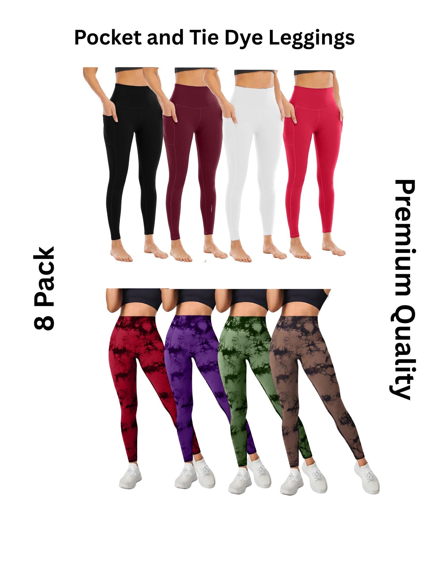 8 Pack Women's High Waisted Tie Dye and Pocket Leggings, Ideal for Sports and Casual Clothing