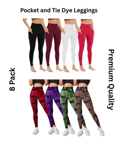 8 Pack Women's High Waisted Tie Dye and Pocket Leggings, Ideal for Sports and Casual Clothing