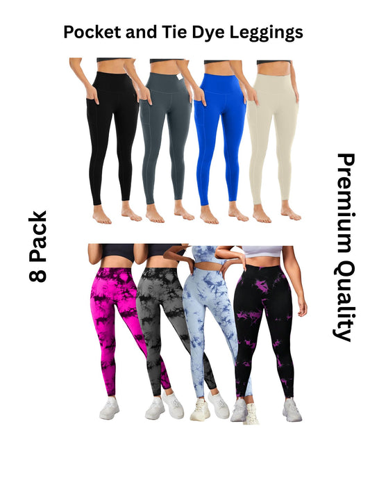 8 Pack Women's High Waisted Tie Dye and Pocket Leggings, Ideal for Sports and Casual Clothing