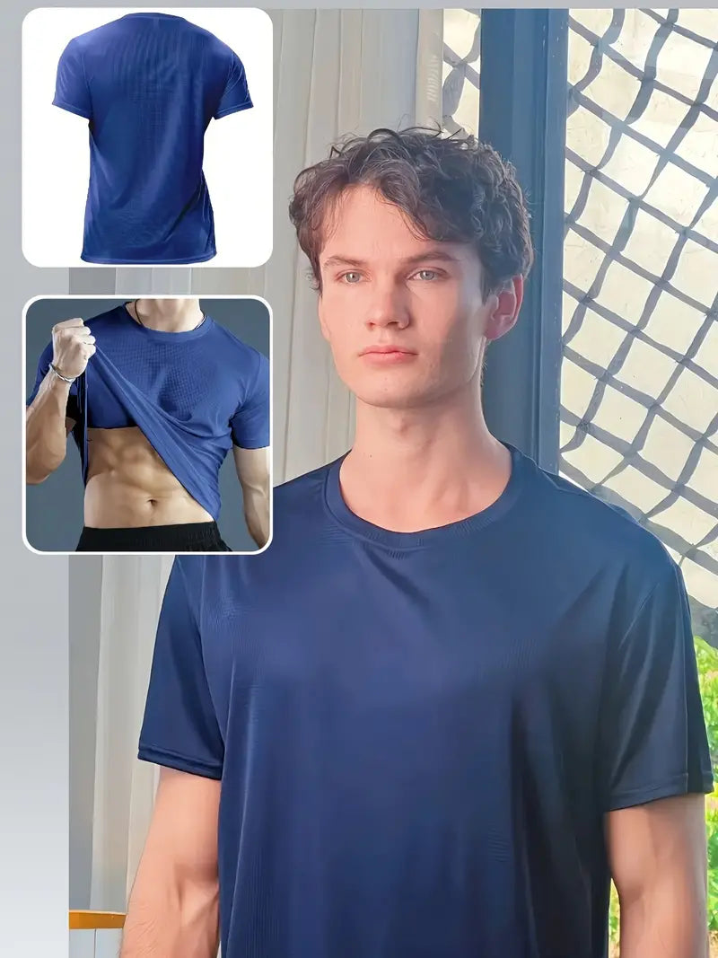 5-piece Summer Men's Solid-color New Fashion Short-sleeved T-shirt, Running Fitness Training Outdoor Sportswear, Ice Silk Breathable Quick-drying Comfortable Design Slimming Loose Round Neck T-shirt.-SNO-50