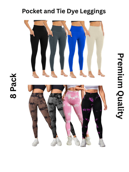 8 Pack Women's High Waisted Tie Dye and Pocket Leggings, Ideal for Sports and Casual Clothing