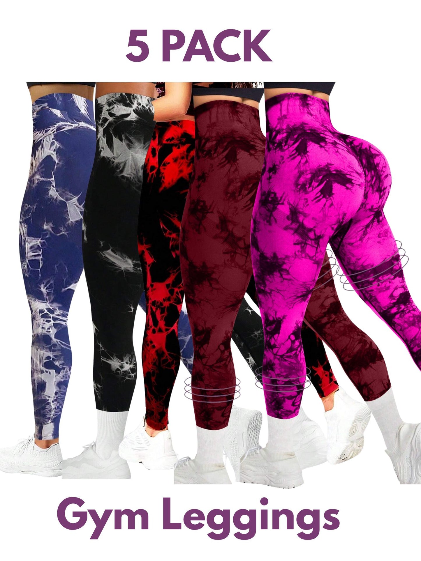 5 PK Women's High Waist Tummy Control Butt Lifting Tie Dye Gym and Regular Wear Leggings