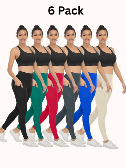 6 Pack Women's High Waisted Yoga Pants with Pockets, Ideal for Sports and Casual Clothing