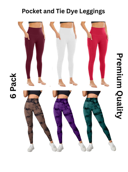 6 Pack Women's High Waisted Tie Dye and Pocket Leggings, Ideal for Sports and Casual Clothing