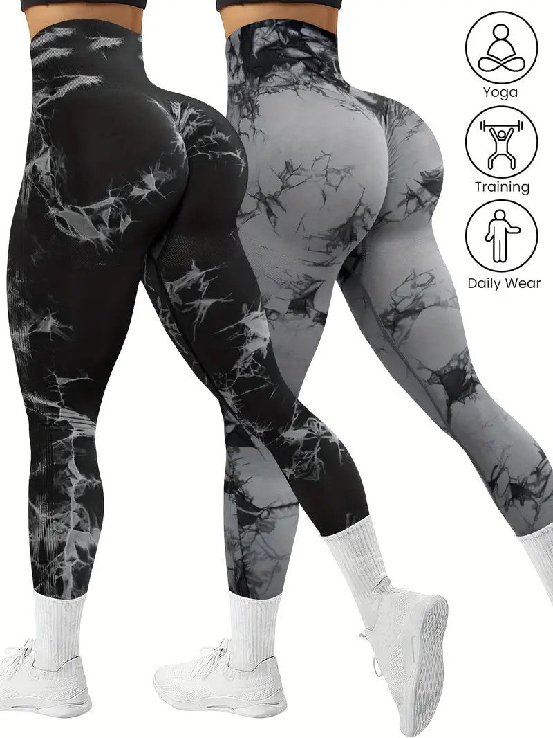 2 PK Women's Tie Dye High Waist Tummy Control Butt Lifting Leggings