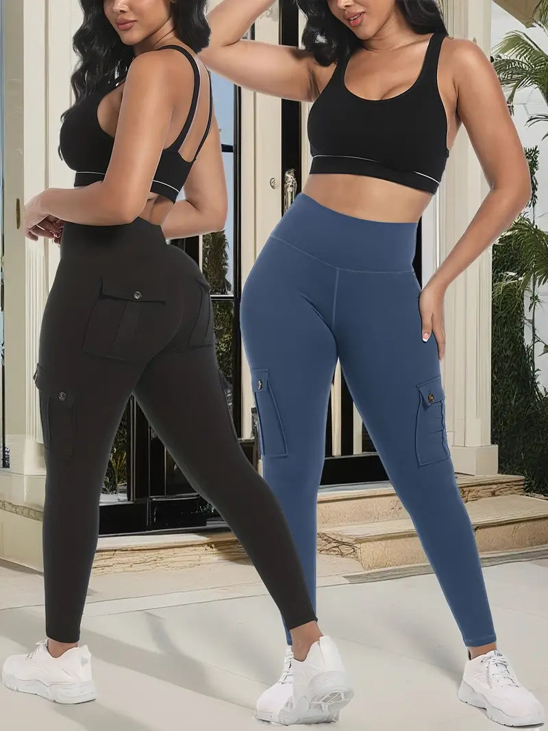 2-Pack High-Waisted Yoga - Tummy Control Leggings, Lifted Butt, 4 Buttoned Pockets, Moisture-Wicking, Breathable, Four-Way Stretch Fitness Pants for Running, Gym, and Yoga Enthusiasts-SNO-45