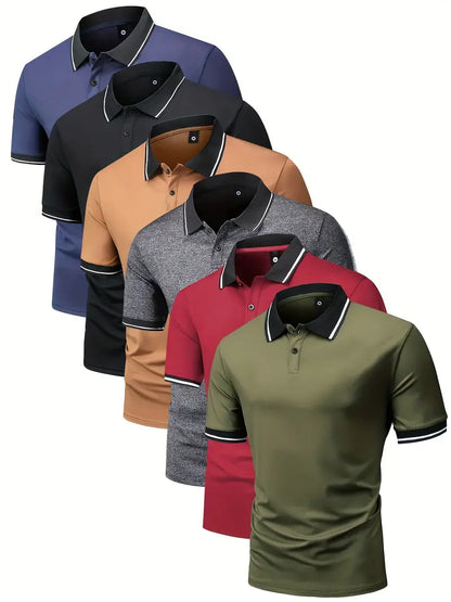 6-Pack Men's Summer Short-Sleeved Polo Shirts - Breathable, Moisture-Wicking, Fashionable Button-Down Design - Perfect for Casual Outings, Business, Golf, and Outdoor Activities-SNO-67