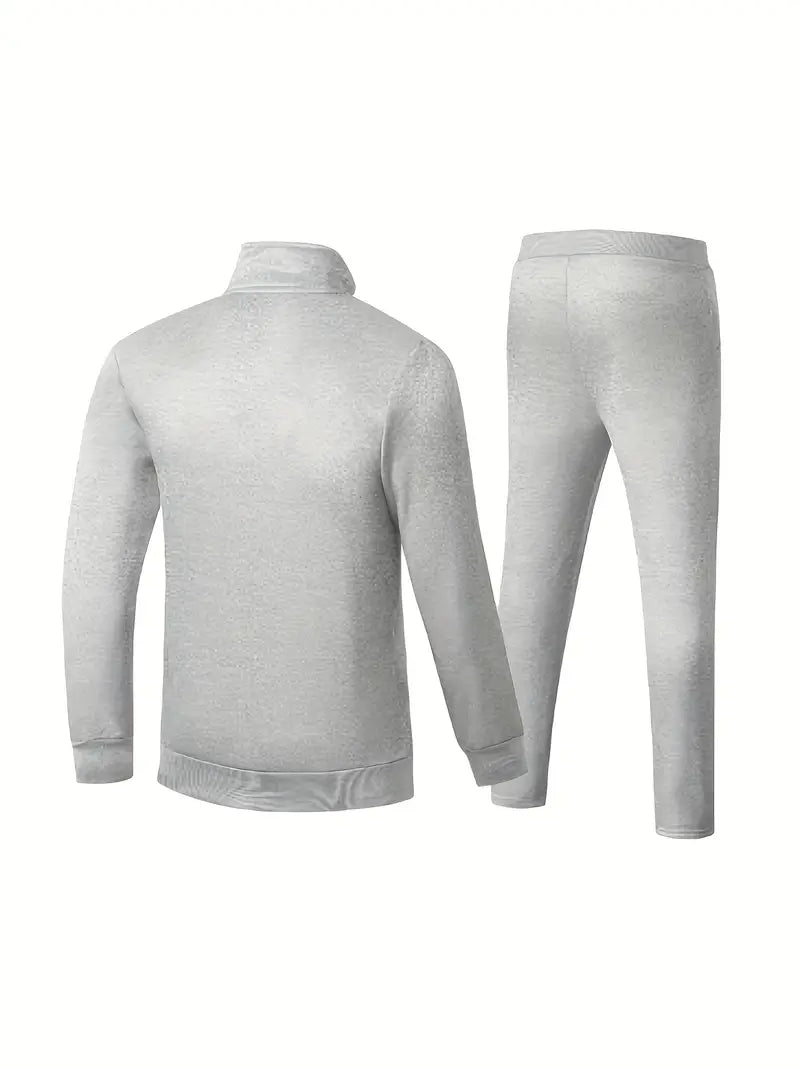 2pcs Men's Sportswear Set - Embroidered Stand Collar Zip Up Jacket & Elastic Waist Drawstring Pants for Outdoor Activities-SNO-58