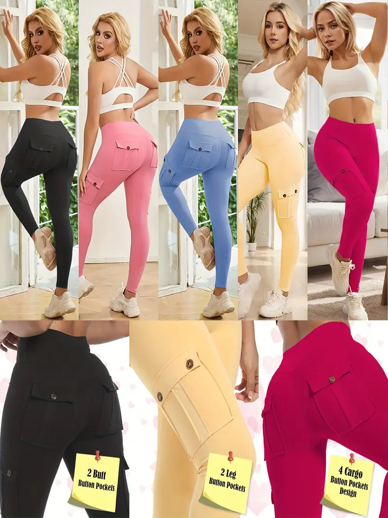 5-Packs High Waist Yoga Leggings With 4 Button Pockets, Multipack Butt Lifting Tummy Control Workout Running 4 Way Stretch Cargo Sports Pants, 5pcs Leggings Set-SNO-46