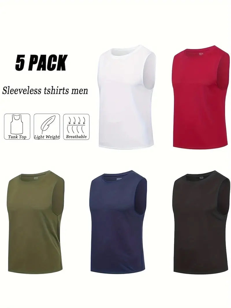 5-Pack Men's Performance Athletic Tank Tops - Quick-Dry, Breathable, Moisture-Wicking, Sleeveless Fitness Shirts for Gym, Bodybuilding, and Outdoor Activities - Assorted Colors, Sporty Gym Wear for Men-SNO-59