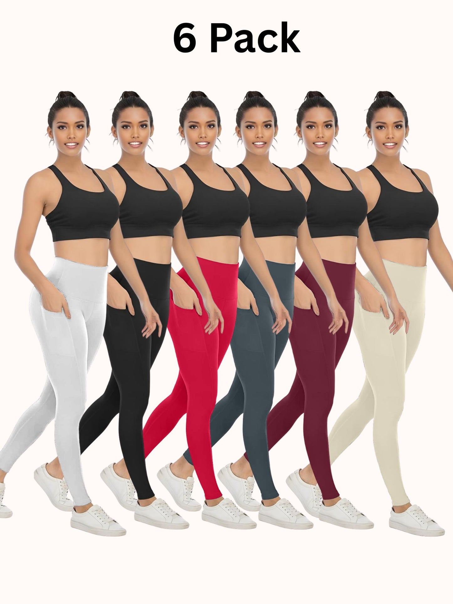 6 Pack Women's High Waisted Yoga Pants with Pockets, Ideal for Sports and Casual Clothing