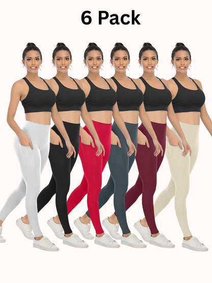 6 Pack Women's High Waisted Yoga Pants with Pockets, Ideal for Sports and Casual Clothing
