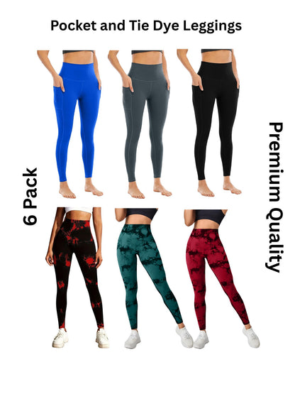 6 Pack Women's High Waisted Tie Dye and Pocket Leggings, Ideal for Sports and Casual Clothing