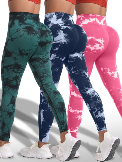 3 PK Women's High Waist Tummy Control Butt Lifting Tie Dye Gym and Regular Wear Leggings