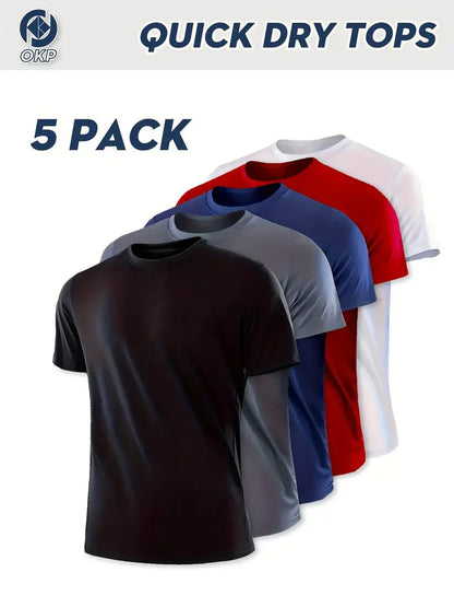 5-piece Summer Men's Solid-color New Fashion Short-sleeved T-shirt, Running Fitness Training Outdoor Sportswear, Ice Silk Breathable Quick-drying Comfortable Design Slimming Loose Round Neck T-shirt.-SNO-50