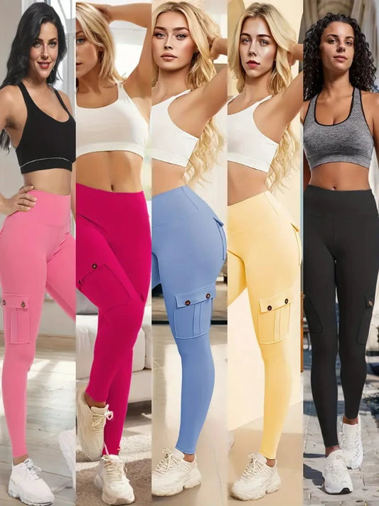 5-Packs High Waist Yoga Leggings With 4 Button Pockets, Multipack Butt Lifting Tummy Control Workout Running 4 Way Stretch Cargo Sports Pants, 5pcs Leggings Set-SNO-46