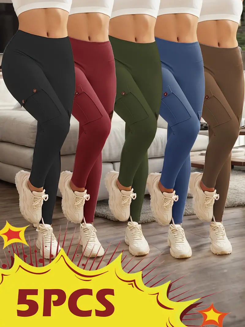 5-Packs High Waist Yoga Leggings With 4 Button Pockets, Multipack Butt Lifting Tummy Control Workout Running 4 Way Stretch Cargo Sports Pants, 5pcs Leggings Set-SNO-46