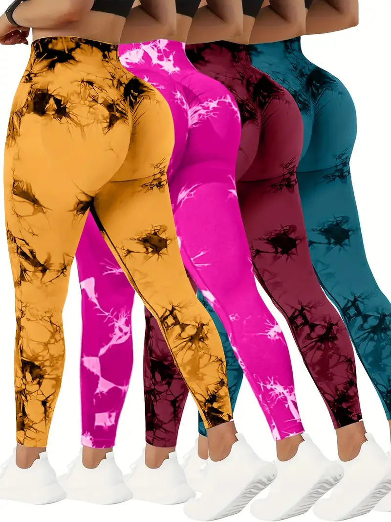 4pcs Vibrant Tie Dye High Waist Sports Leggings - Comfortable, Sweat-Wicking, Four-Way Stretch Fitness Pants for Women - Ideal for Running, Workout, Yoga, and Daily Wear-SNO-21