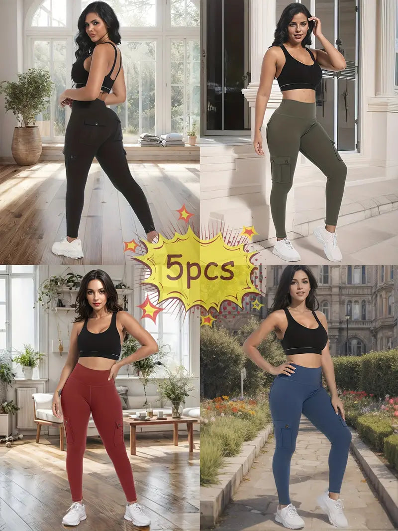 5-Packs High Waist Yoga Leggings With 4 Button Pockets, Multipack Butt Lifting Tummy Control Workout Running 4 Way Stretch Cargo Sports Pants, 5pcs Leggings Set-SNO-46