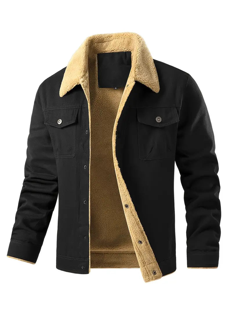 Stylish Men's Fleece-Lined Cotton Jacket - Soft Sherpa Collar, Button-Up Closure, Multiple Functional Pockets for Casual Workwear, Outdoor Activities, and Daily Wear - Premium Quality, Comfortable, and Versatile Outerwear-SNO-81