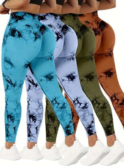 4pcs Vibrant Tie Dye High Waist Sports Leggings - Comfortable, Sweat-Wicking, Four-Way Stretch Fitness Pants for Women - Ideal for Running, Workout, Yoga, and Daily Wear-SNO-21