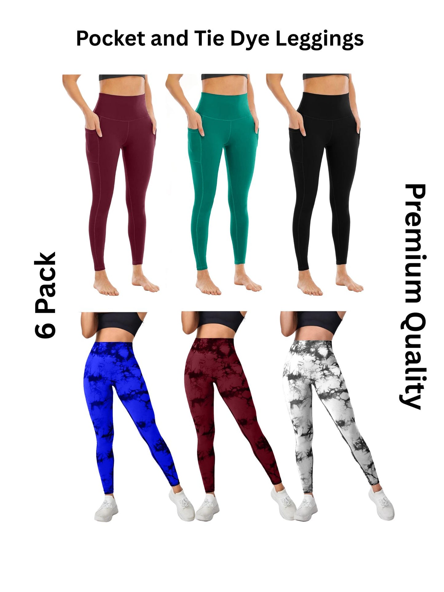 6 Pack Women's High Waisted Tie Dye and Pocket Leggings, Ideal for Sports and Casual Clothing