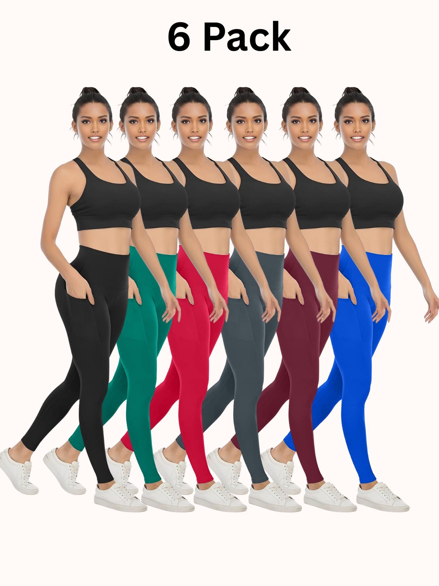 6 Pack Women's High Waisted Yoga Pants with Pockets, Ideal for Sports and Casual Clothing