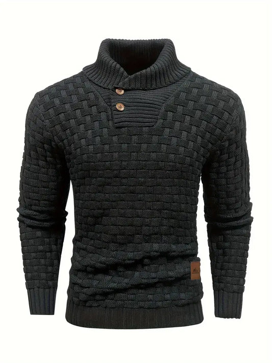 Mens Premium Buttoned Turtleneck Waffle Knit Sweater - Stylish Casual to Business Commuter - Ultra-Comfortable, Warm & Refined Pullover for Effortless Fall & Winter Style-SNO-90