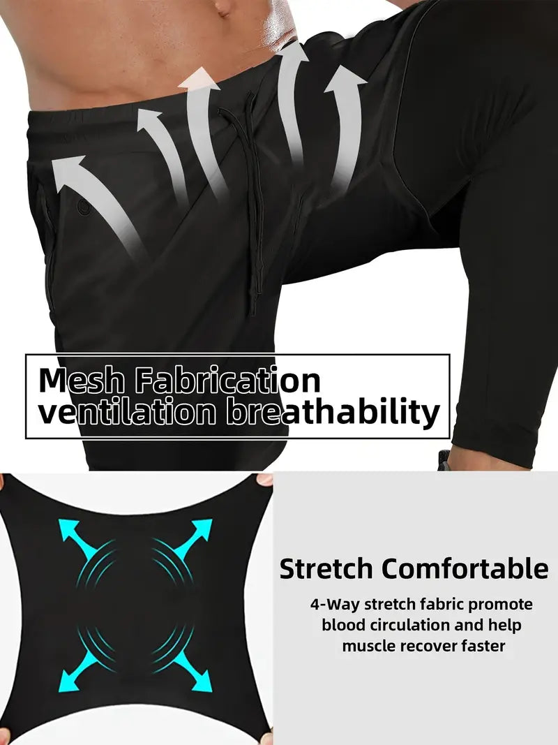 2pcs 2-in-1 Men's Athletic Compression Shorts with Phone Pocket, Towel Loop, and Drawstring for Running, Gym, and Workout-SNO-56