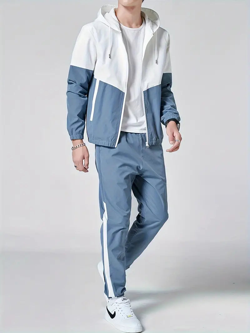 2-Piece Men's Fashion Sports Suit - Sweatsuits with Hooded Jacket and Pants, Color Blocking Design, Spring and Autumn Wear, Youth Fashion Trend, Casual and Comfortable-SNO-51