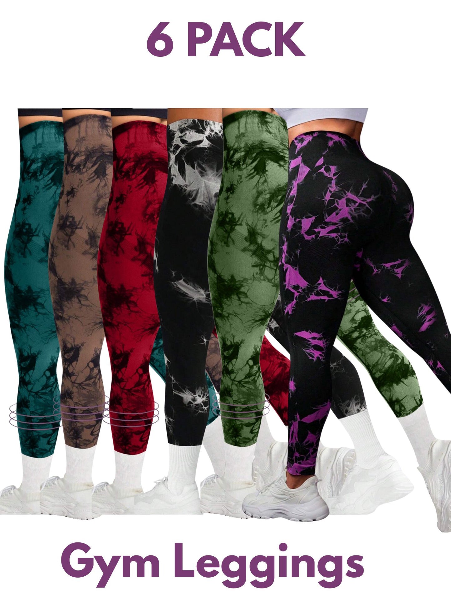 6 PK Women's High Waist Tummy Control Butt Lifting Tie Dye Gym and Regular Wear Leggings