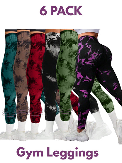 6 PK Women's High Waist Tummy Control Butt Lifting Tie Dye Gym and Regular Wear Leggings