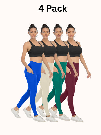 4 Pack Women's High Waisted Yoga Pants with Pockets, Ideal for Sports and Casual Clothing