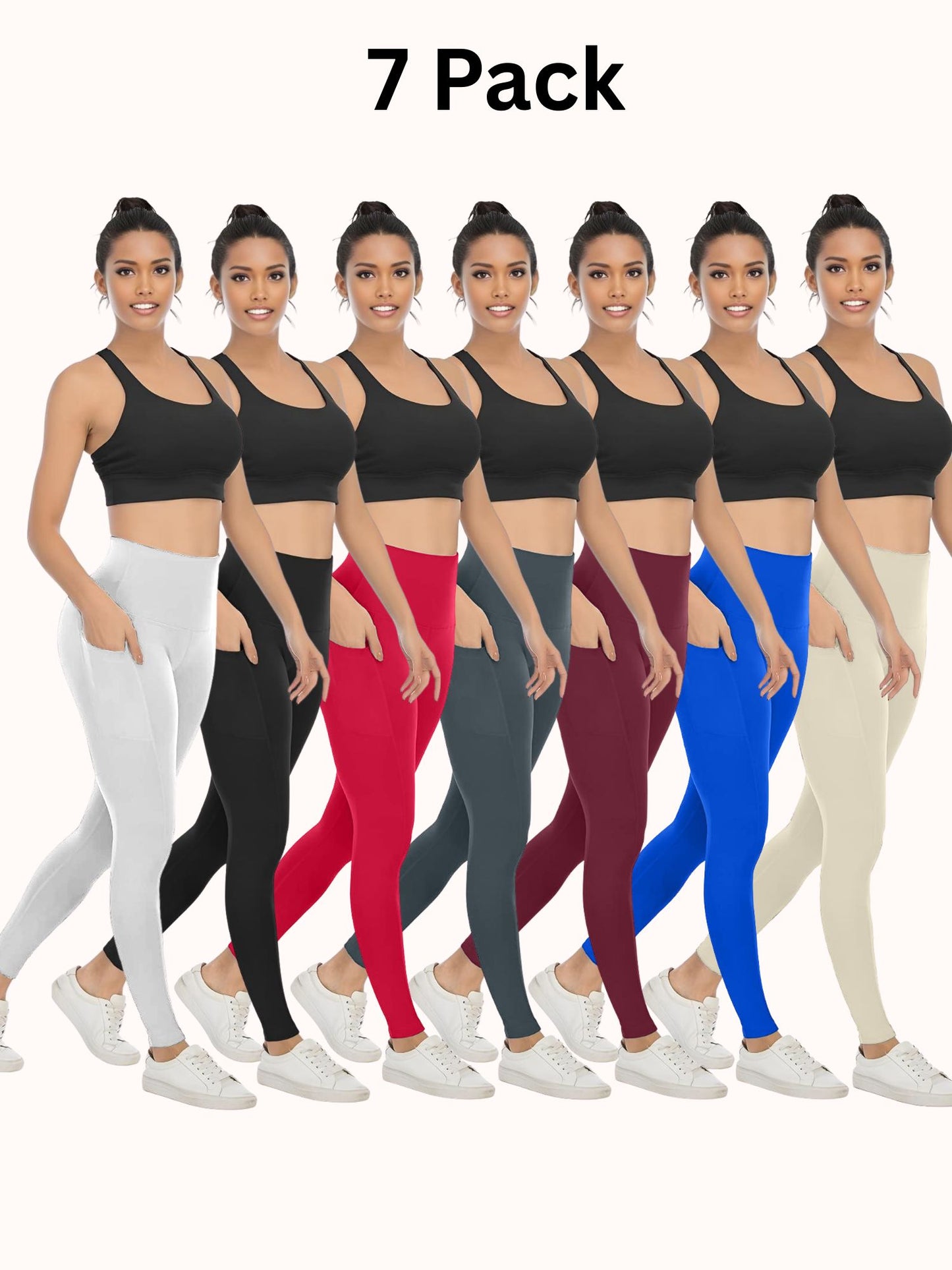 7 Pack Women's High Waisted Yoga Pants with Pockets, Ideal for Sports and Casual Clothing
