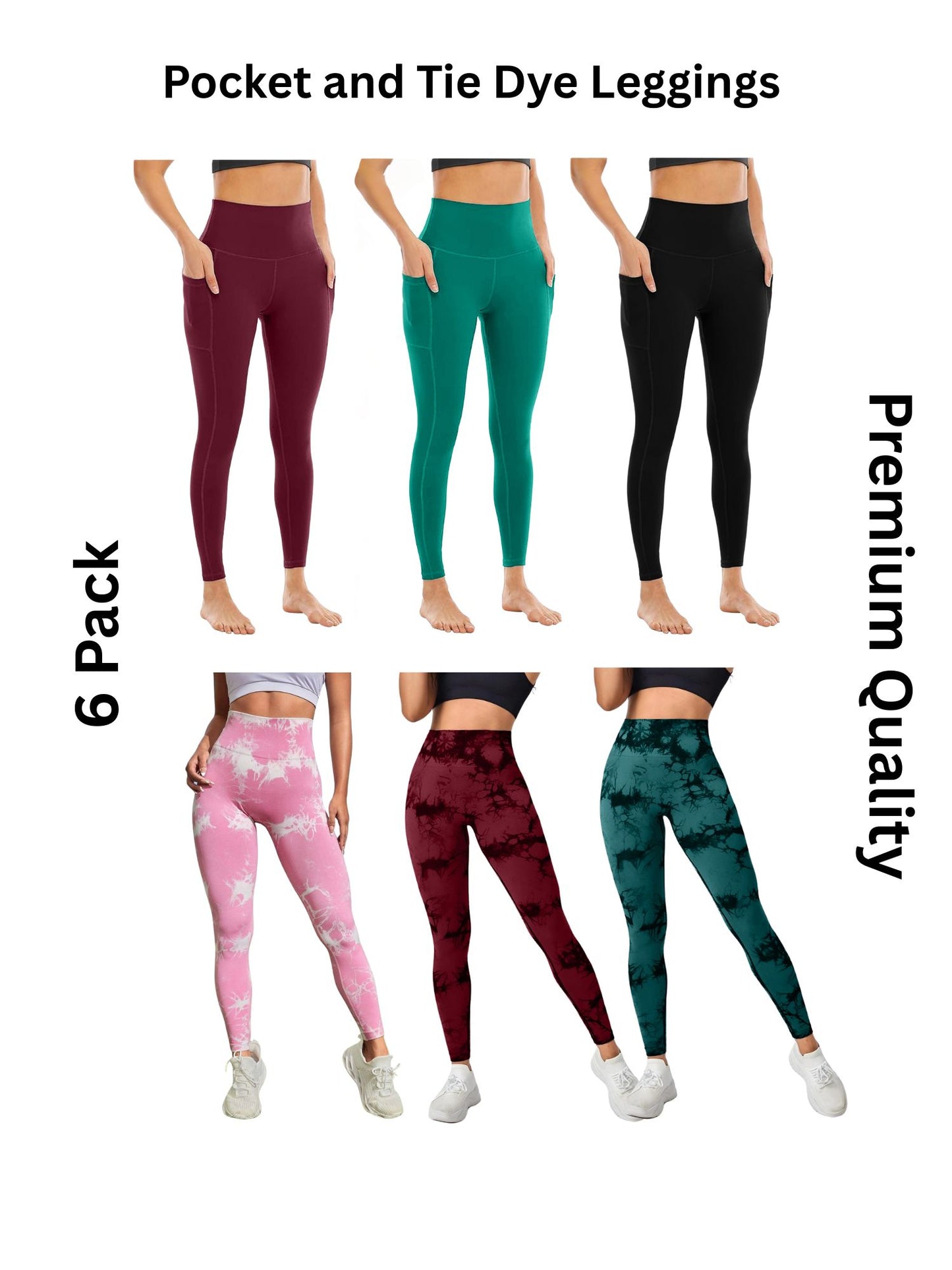 6 Pack Women's High Waisted Tie Dye and Pocket Leggings, Ideal for Sports and Casual Clothing