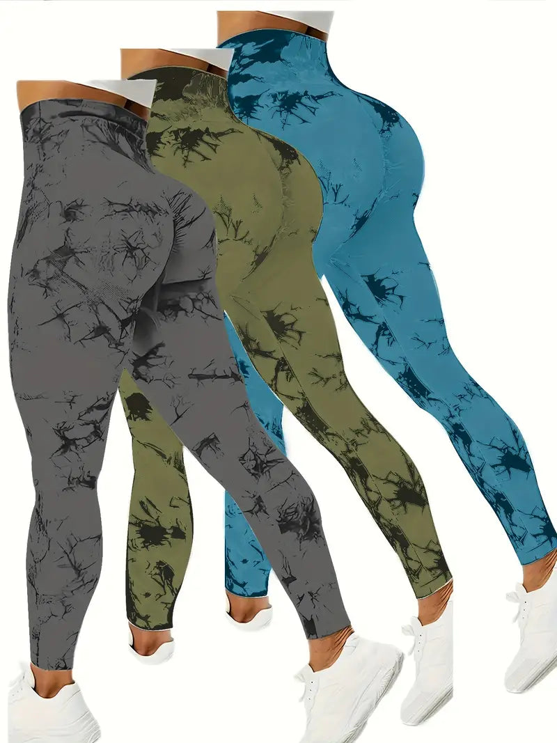 3 Pack Tie Dye Seamless High Waist Workout Leggings For Women, Scrunch Butt Lifting Yoga Gym Athletic Pants-SNO-12