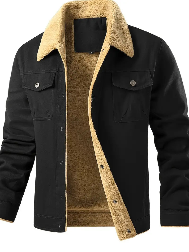 Stylish Men's Fleece-Lined Cotton Jacket - Soft Sherpa Collar, Button-Up Closure, Multiple Functional Pockets for Casual Workwear, Outdoor Activities, and Daily Wear - Premium Quality, Comfortable, and Versatile Outerwear-SNO-81