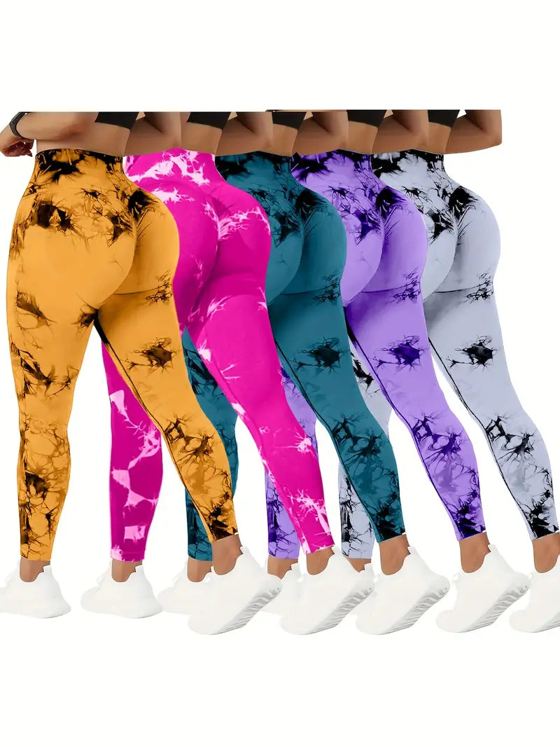 5-Pack High Waist Tummy Control Yoga Pants - Women's Summer Fitness Pants with Tie-Dye Print, Stretchy Running and Workout Tights, Assorted Colors, Peach Lift and Comfortable Fit-SNO-20