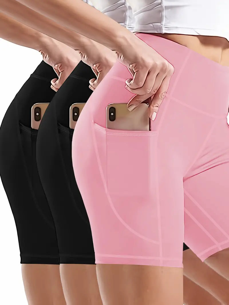 3-Pack High-Stretch Womens High-Waisted Yoga Shorts - Quick-Dry, Breathable, Compression Sportswear with Side Pockets for Outdoor Athletic Activities - Polyester Solid Color Knit Fabric, All-Season Wear, No Sheer, No Printing--SNO-32