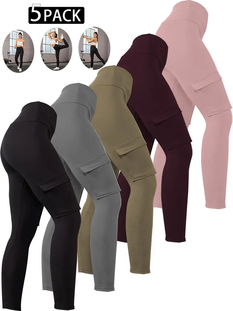 5pcs Women's High-Waist Yoga Leggings with Cargo Pockets - Super Soft, Tummy Control, No See-Through Workout & Running Pants, Available in XS to XXL, Polyester Spandex Blend, Machine Washable, Four Seasons, Solid Color, Knitted Fabric-SNO-34