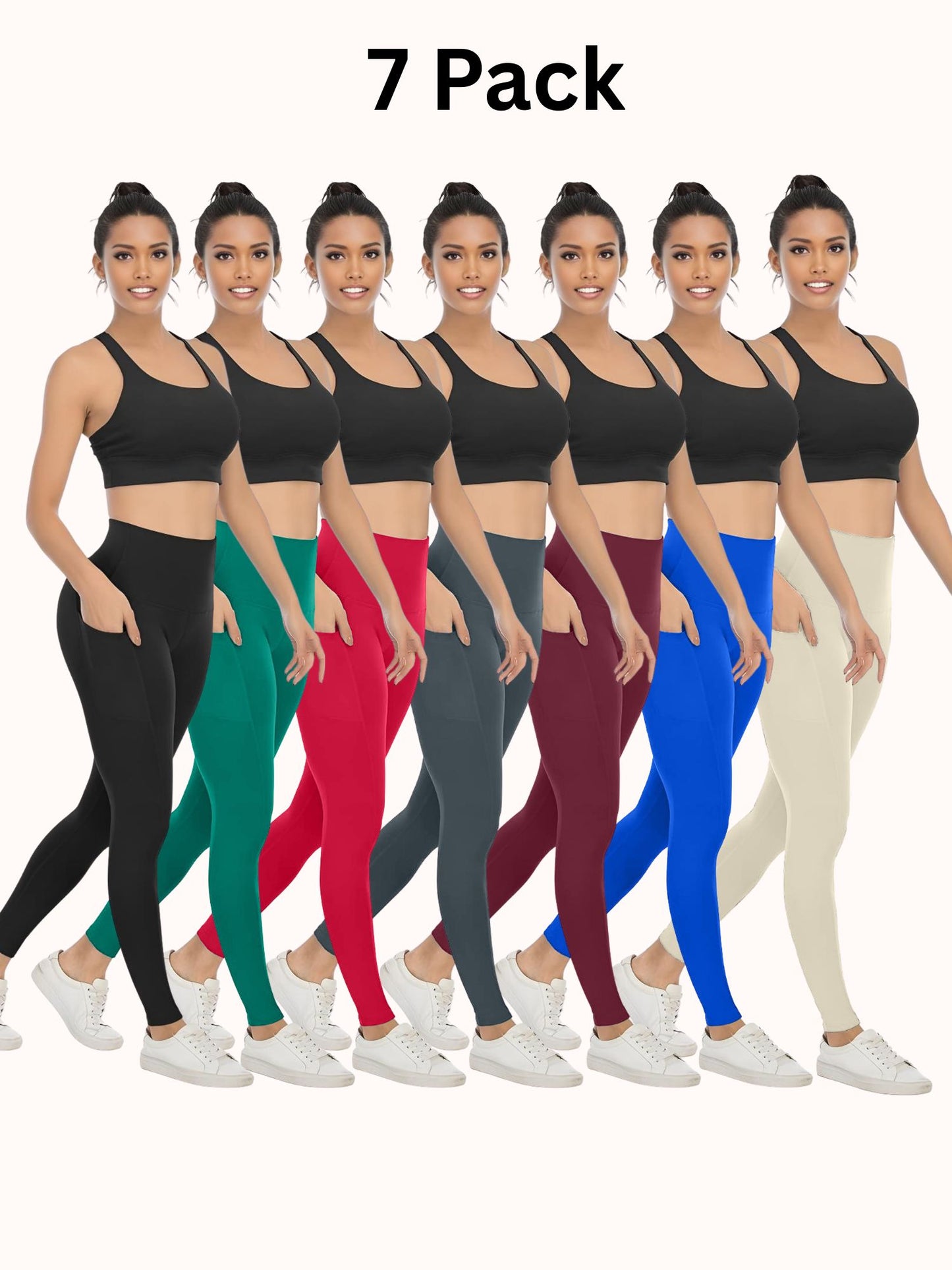 7 Pack Women's High Waisted Yoga Pants with Pockets, Ideal for Sports and Casual Clothing