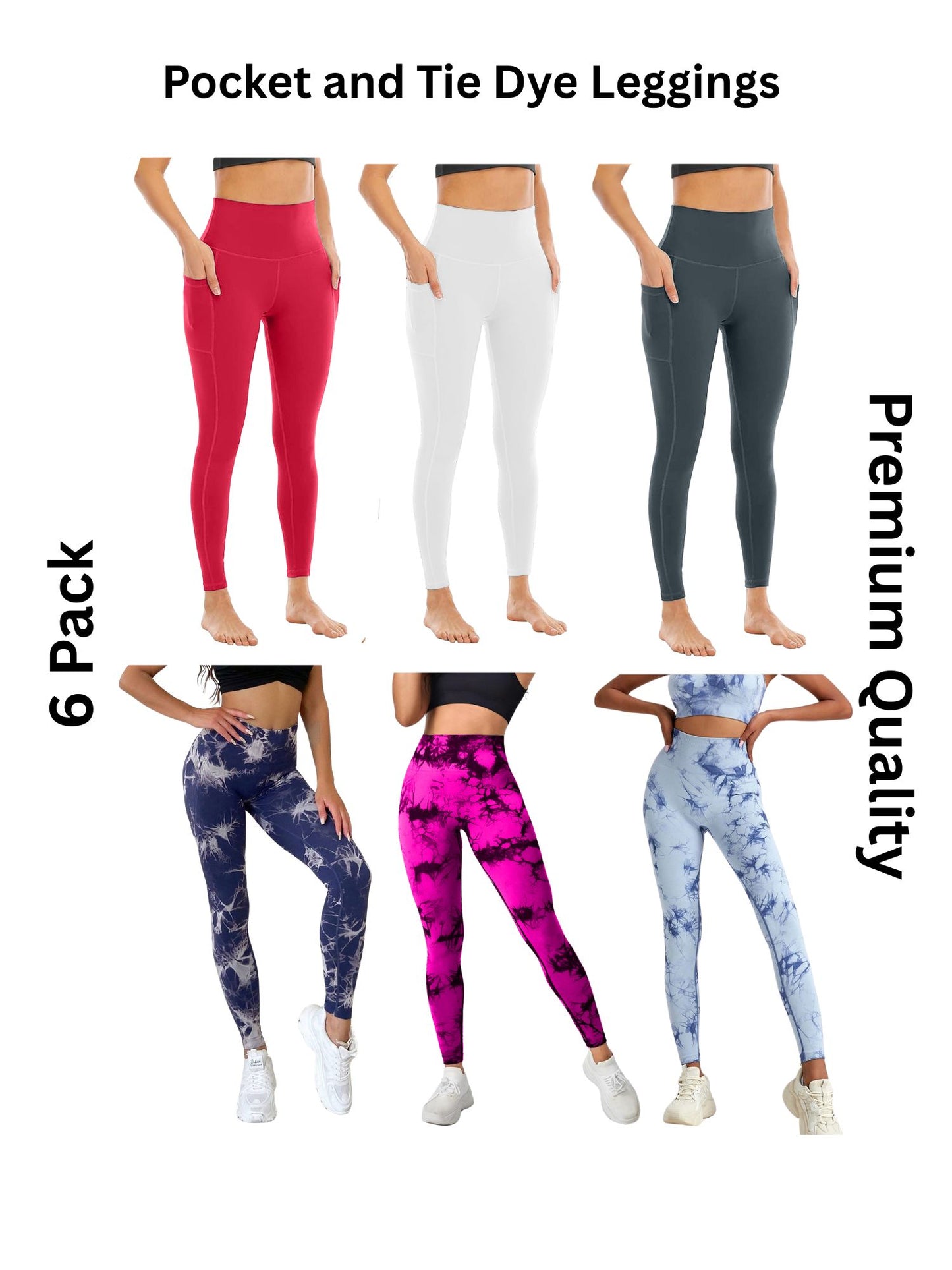 6 Pack Women's High Waisted Tie Dye and Pocket Leggings, Ideal for Sports and Casual Clothing