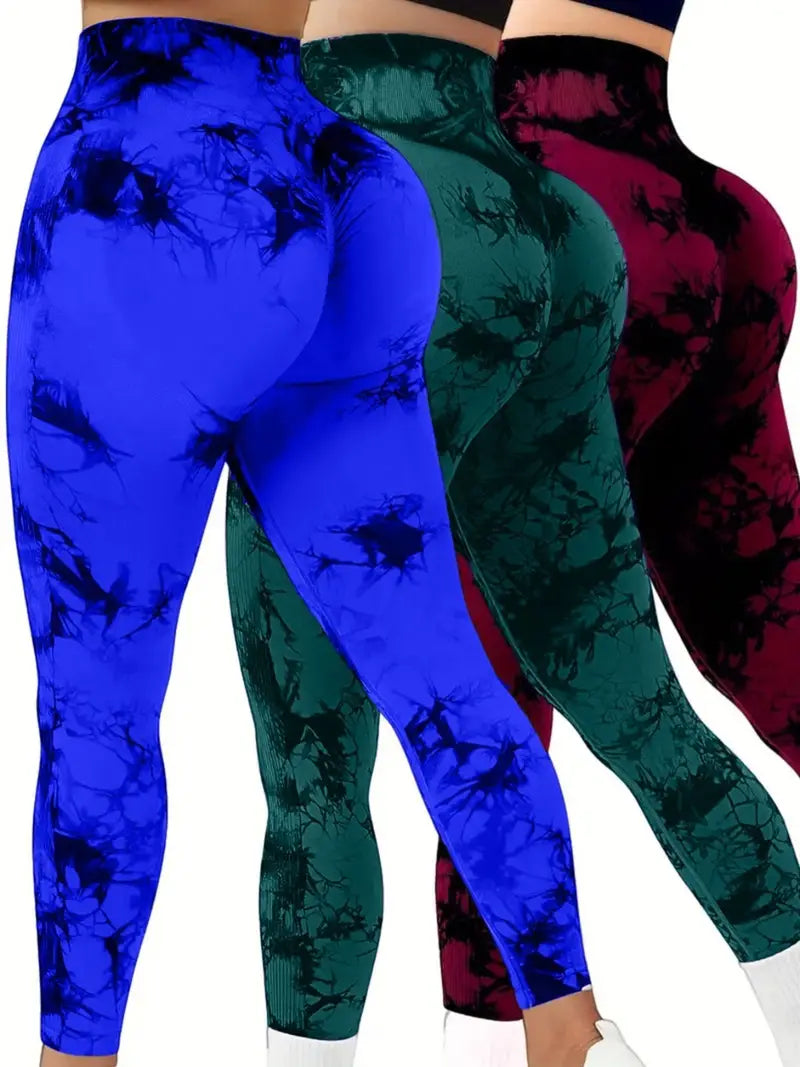 3 PACK Women's High Waist Tummy Control Leggings Tie-Dye Yoga Pants, Seamless Sport Leggings, Butt Lifting Workout Tights for Gym and Daily Wear-SNO-42