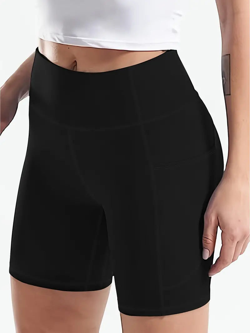 3-Pack High-Stretch Womens High-Waisted Yoga Shorts - Quick-Dry, Breathable, Compression Sportswear with Side Pockets for Outdoor Athletic Activities - Polyester Solid Color Knit Fabric, All-Season Wear, No Sheer, No Printing--SNO-32